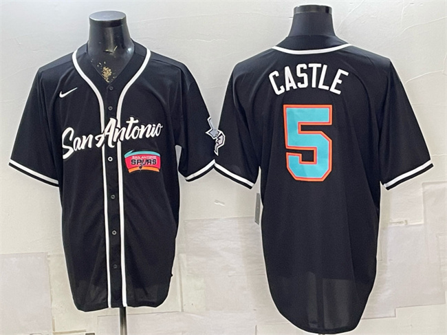 Men's San Antonio Spurs #5 Stephon Castle Black Stitched Baseball Jersey Men's San Antonio Spurs #5 Stephon Castle Black Stitched Baseball Jersey